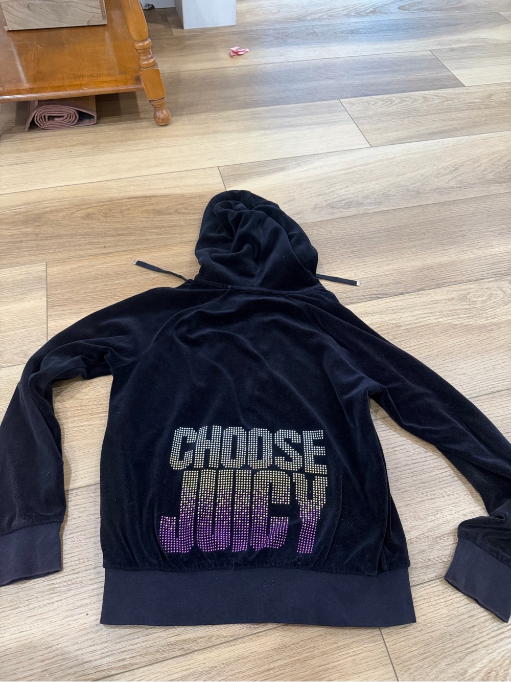 Juicy Couture Black Velour Hoodie with Rhinestone 'Choose Juicy'